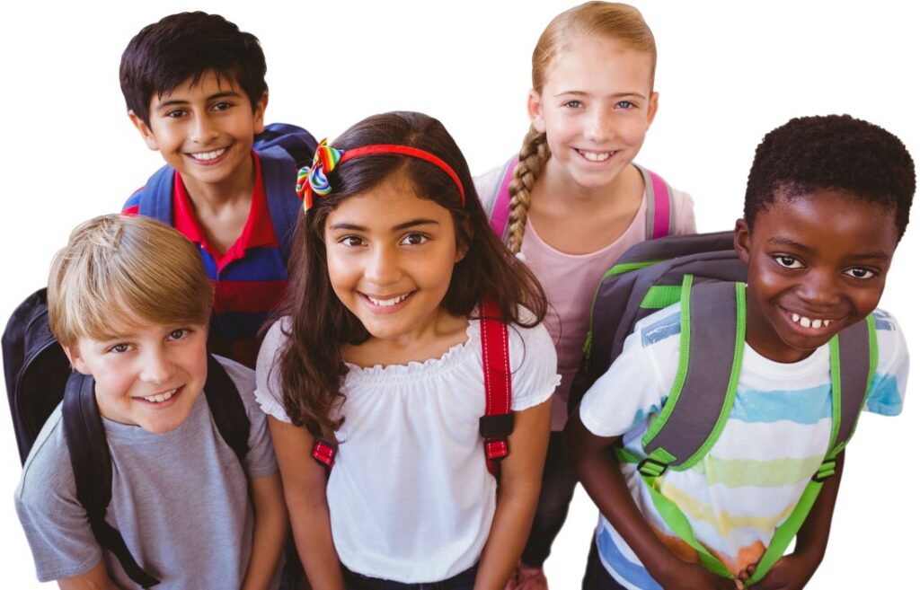 Smiling children wearing backpacks.